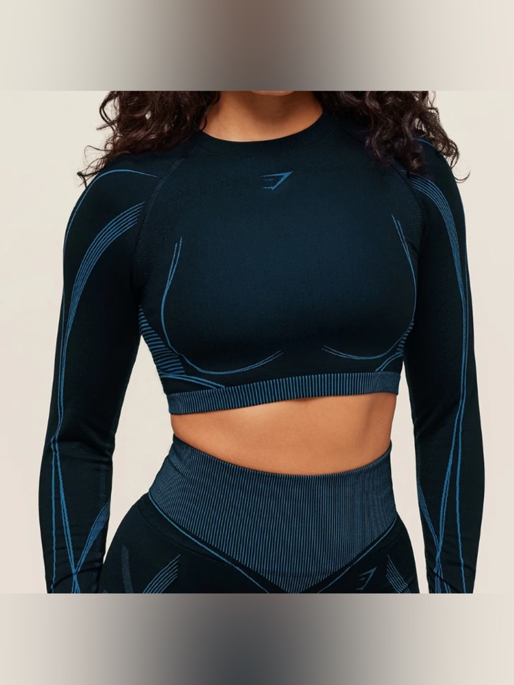 Gymshark Navy Crop Long-Sleeve Seamless Top with Teal Accents